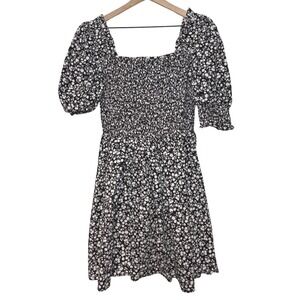 1.STATE Womens Black White Floral Smocked Mini Dress Cotton Puff Sleeve Large
